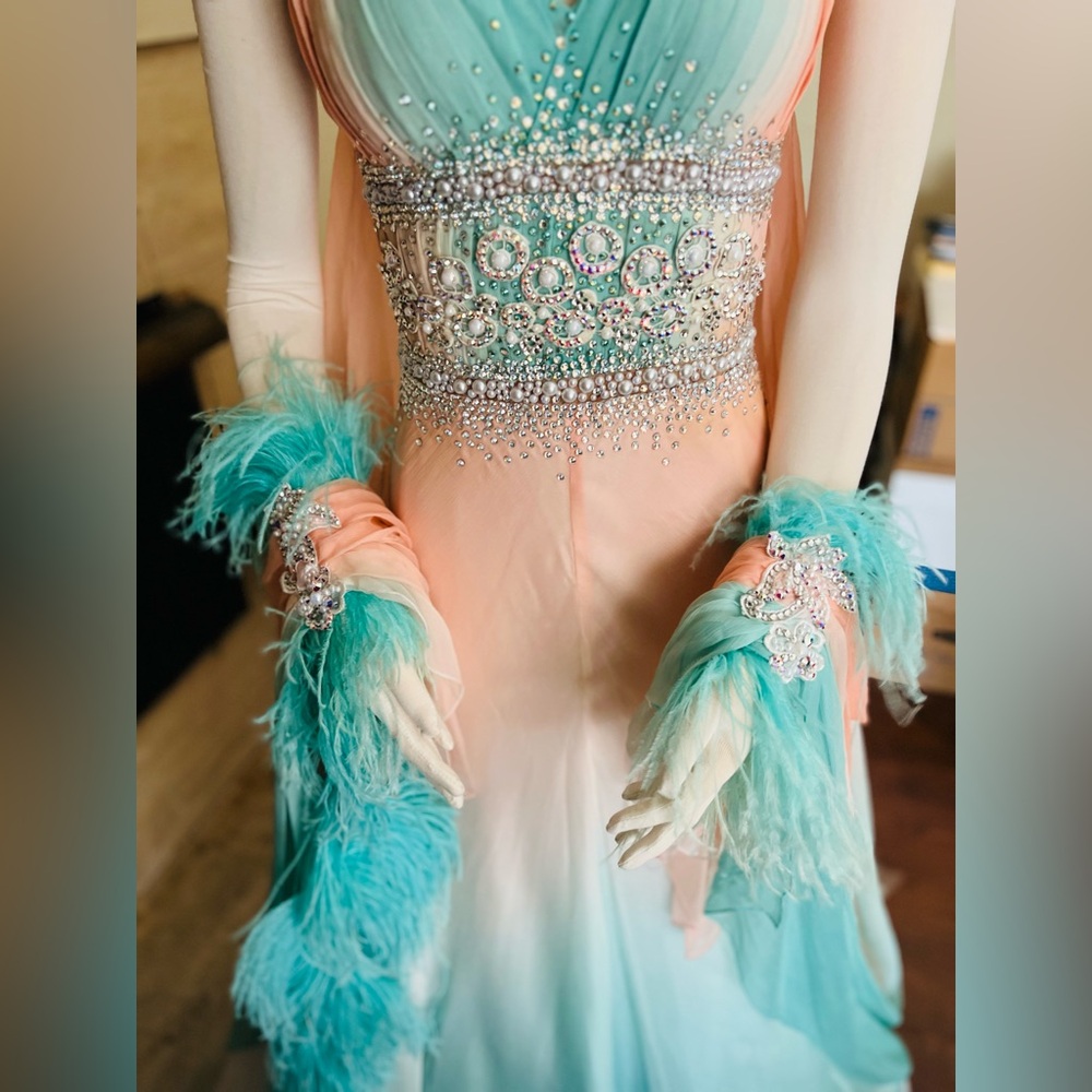Ballroom Standart Competition Dance dress size S Peach and Teal - Picture 8 of 10